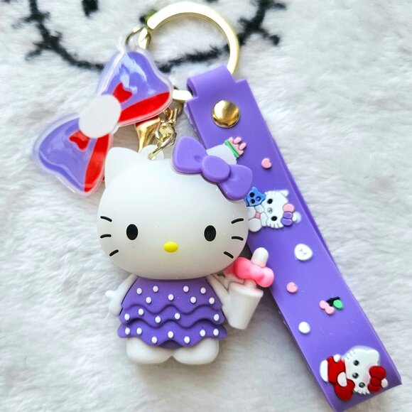 New Hello Kitty Keychain/Bag Charm in Purple Dress and White Polkadots - Picture 1 of 5